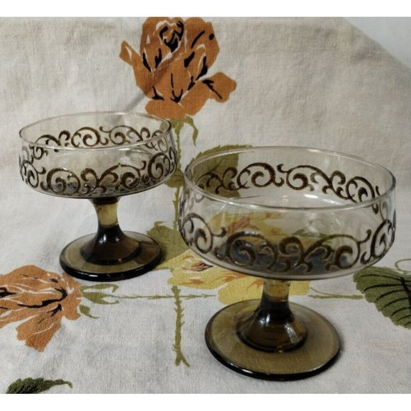 Vintage Libbey Brown Swirl 1970s Prado 2 Piece Champagne Goblets Dessert Bowls - Picture 13 of 16